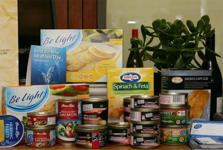 Range of MSC certified products available in Australia, including products from Woolworths' Select brand, John West, Aldi's Oceanrise brand, Be Light and Birds Eye