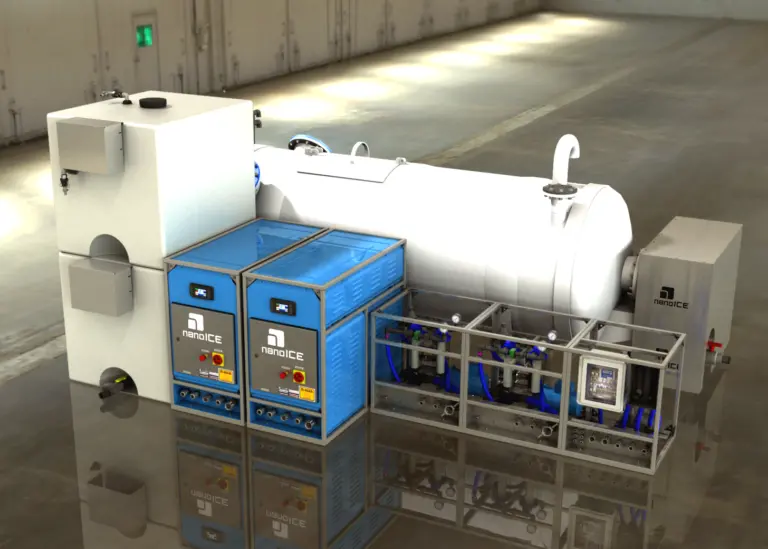 The system used in Alaska - two nanoICE machines, a tank for storage and a dosing system to maintain salinity