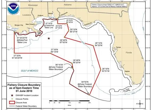 The Gulf fishery closure boundary as of June 1, 2010. The closure area may be updated daily as necessary. (Image: NOAA)