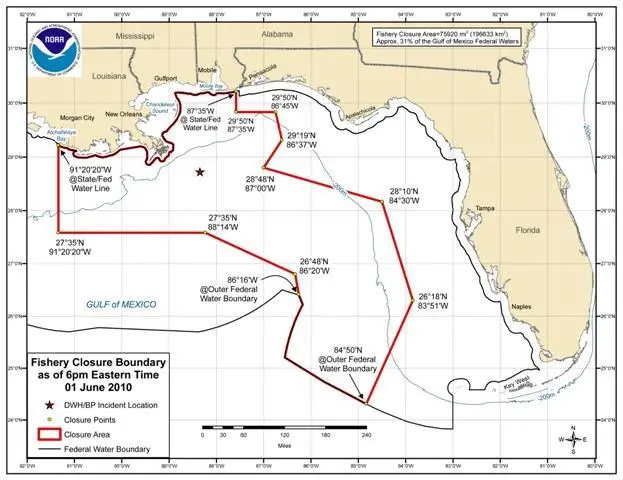 The Gulf fishery closure boundary as of June 1, 2010. The closure area may be updated daily as necessary. (Image: NOAA)