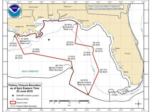 Fishery closure boundary as of 23 June, 2010. (Image: NOAA)
