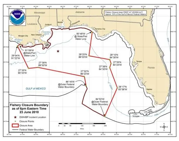 Fishery closure boundary as of 23 June, 2010. (Image: NOAA)