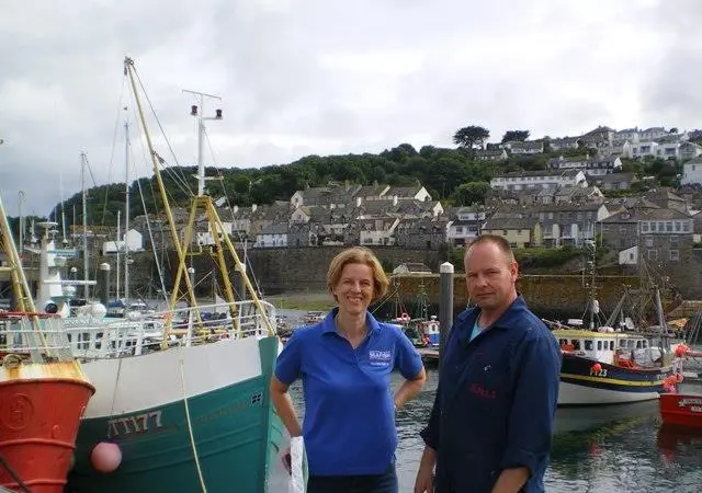 Pictured in Newlyn Harbour, Seafish chief economist, Hazel Curtis, with skipper James Chown, owner of Harvest Reaper TT177, who fishes around Cornwall using gill and tangle nets.