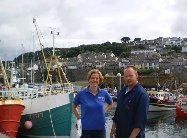 Pictured in Newlyn Harbour, Seafish chief economist, Hazel Curtis, with skipper James Chown, owner of Harvest Reaper TT177, who fishes around Cornwall using gill and tangle nets.