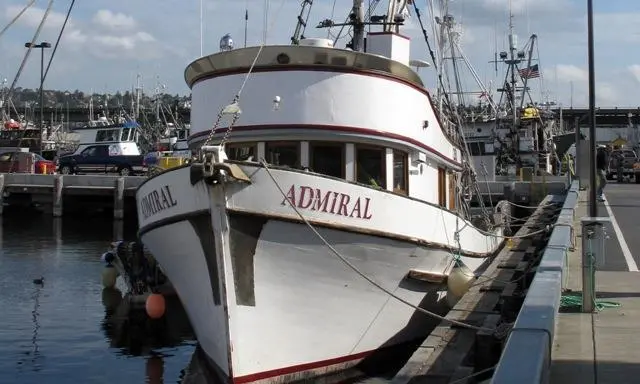 The 58-foot Alaskan-built FV Admiral on the wall at Fisherman’s Terminal in Seattle.