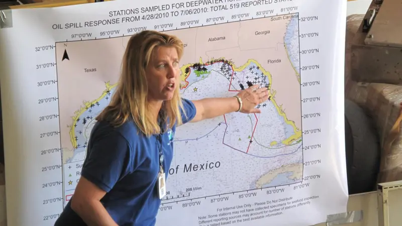 NOAA has been testing seafood in the Gulf of Mexico since late April 2010. This photo, taken in the summer of 2010, shows Dr Lisa Desfosse, Director of NOAA's Southeast Fisheries Science Center Mississippi Laboratories, explaining where and how ...