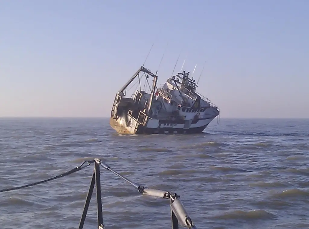 The Belgian trawler Marreje Aaltje aground on the Kentish Knock sands off Margate. Photo taken from the Margate RNLI lifeboat, credit: RNLI Margate