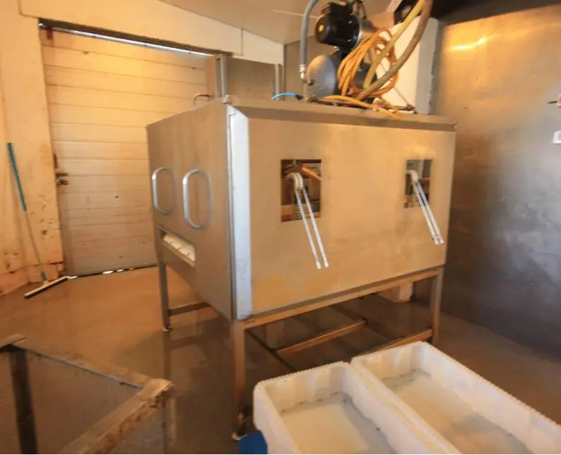 The Snorre Technology slaughter line shown here is seven years old and in daily operation with a Norwegian customer. Being able to section in a low risk zone has increased product shelf-life by two days compared to the company’s previous whole c...