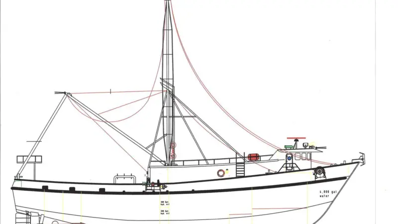 The unnamed vessel will be trawling for scrap metal. Drawing courtesy of Rodriguez Boat Builders