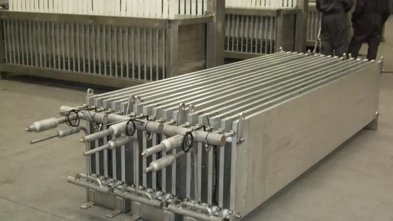 One of the heat exchangers (of the icy water plant) and vertical plate freezers supplied to a Russian vessel during production at Tucal facilities in La Coruña