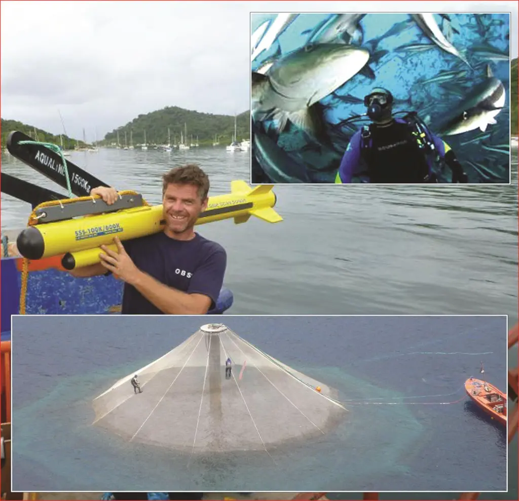 Top inset: Open Blue Sea Farms founder Brian O’Hanlon inside fish cage; Main photo: Operations manager Philip Nicolson with Fishers’ side scan sonar; Bottom inset: deploying the fish cage