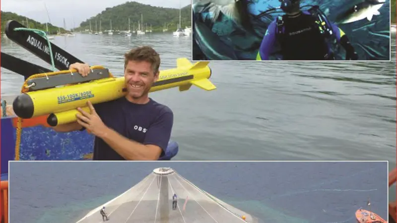 Top inset: Open Blue Sea Farms founder Brian O’Hanlon inside fish cage; Main photo: Operations manager Philip Nicolson with Fishers’ side scan sonar; Bottom inset: deploying the fish cage
