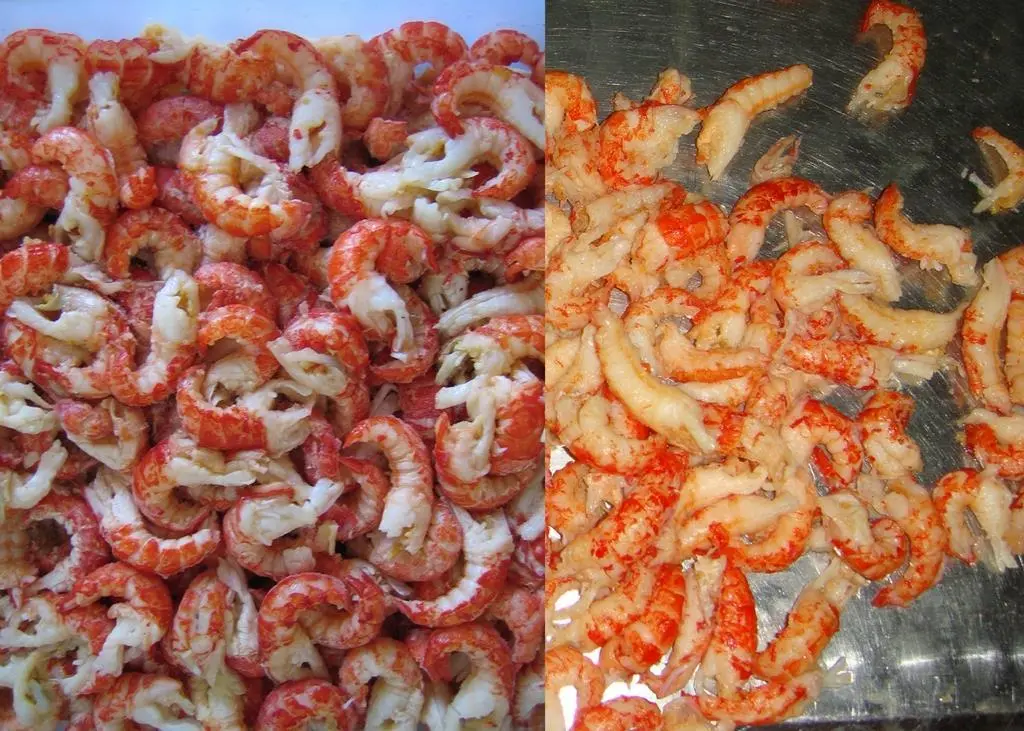 Left: cooked and peeled crayfish tails produced by the new packaging method. Right: cooked and peeled crayfish tails produced by the original packaging method