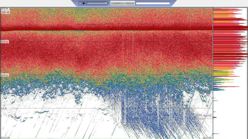 This screen capture (in Replay mode) shows the fish in a typical aquaculture fish cage. The transducer is located in the bottom of the cage looking upwards, and the EK15 has been set in the corresponding mode of operation. Up to 15 fish cages ca...