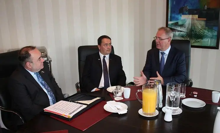 Alex Salmond meets with Alan Sutherland, MD of Marine Harvest Scotland and Ole Eirik Leroy, chairman of Marine Harvest Corps. Credit: Scottish Government