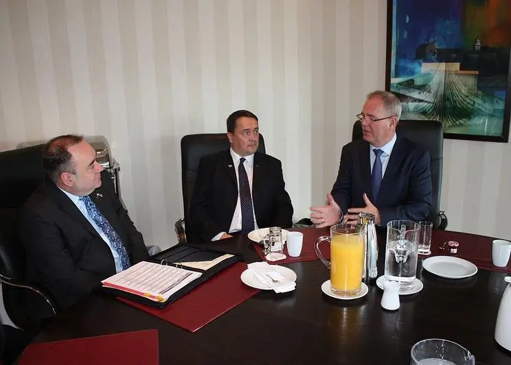 Alex Salmond meets with Alan Sutherland, MD of Marine Harvest Scotland and Ole Eirik Leroy, chairman of Marine Harvest Corps. Credit: Scottish Government