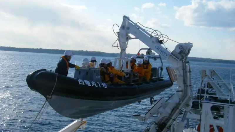 Japanese Fisheries patrol vessel being launched using the all-weather Caley davit