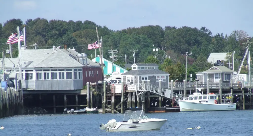 The fishing boat tied up is a typical US small fishing vessel