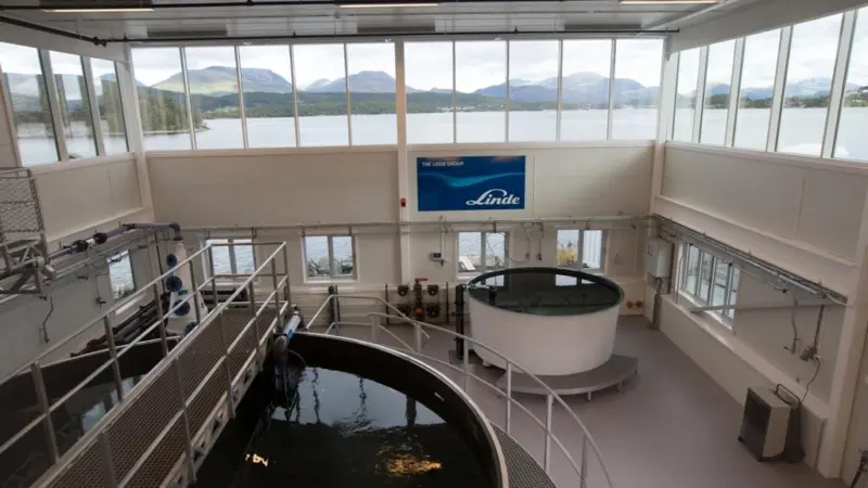 Linde’s new pioneering Innovation Centre for Aquaculture with 55 cubic metre test and demonstration tank in foreground