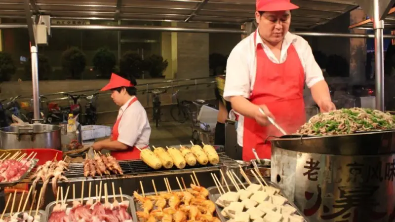 A seafood stall in Beijing tourist market.