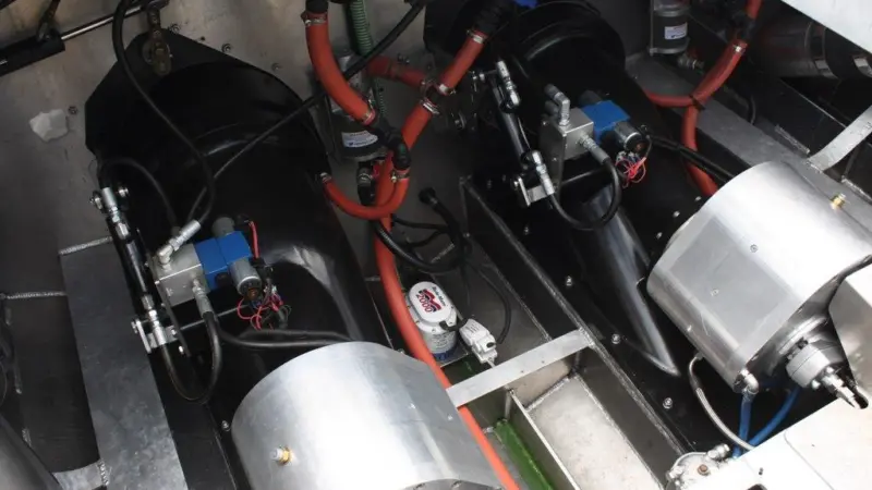 The internal installation of the Contrapel Hybrid Drive and shows the units coupled to custom gearboxes