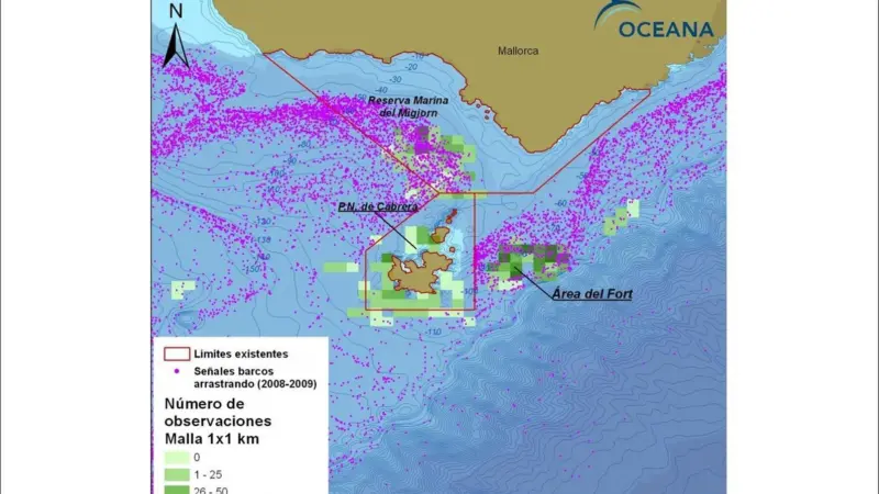 Trawler activity on coralligenous and maërl beds, reported by Oceana to the Spanish government and the regional government of the Balearics in October 2012