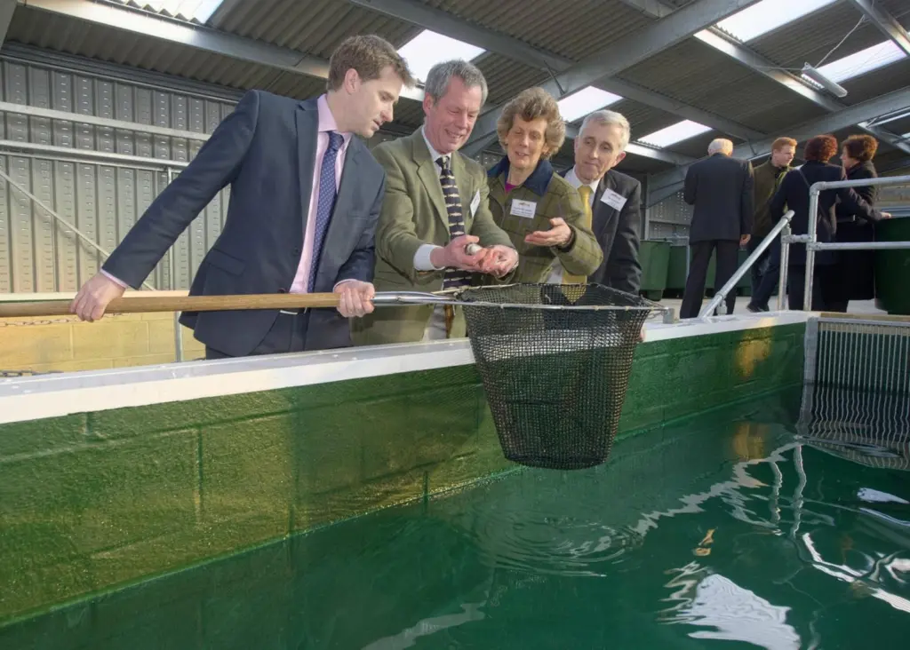 (l to r) Steve Brine MP, Robert Hughes, Skretting, Caroline James, learning manager fishery studies, Sparsholt College, and Tim Jackson, principal, Sparsholt College principal