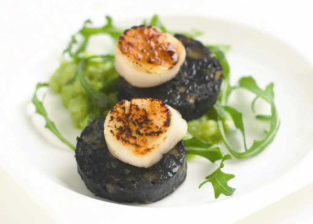The Big Prawn Company’s squid and apple black pudding with scallops and minted pea purée is a posh convenience food