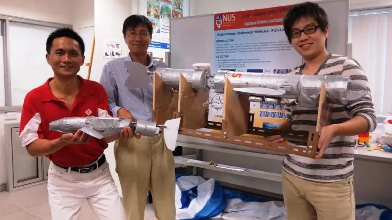 The team (Professor Xu Jianxin, Fan Lupeng and Dr Ren Qinyuan) with the robot fish. Credit: National University of Singapore