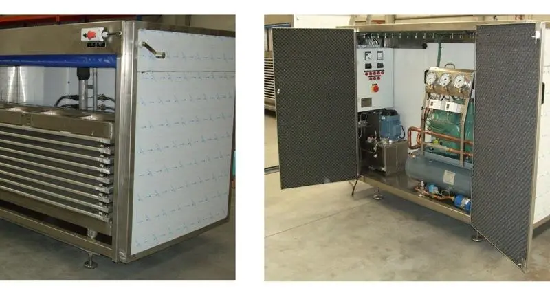 Left: Front side – plate freezer; Right: Back side – compressor room