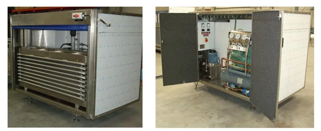 Left: Front side – plate freezer; Right: Back side – compressor room