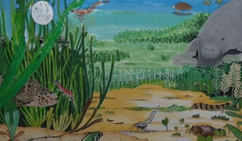 Stylistic representation of the main animals and plants in an Indonesian seagrass meadow
