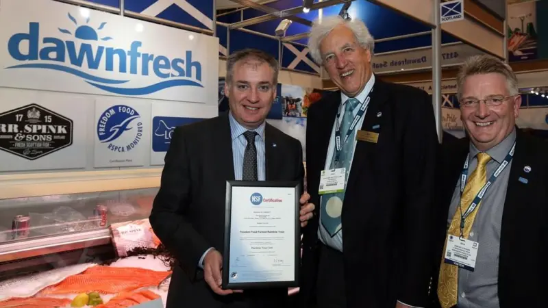 L-R: Richard Lochhead MSP, Cabinet Secretary for Rural Affairs and the Environment; Alastair Salvesen CBE, Chairman of Dawnfresh; and Jeremy Cooper, Freedom Food Chief Executive, at European Seafood Expo in Brussels