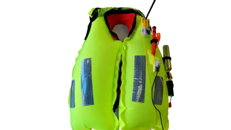 The red nylon version of the K2 275N twin chamber lifejacket with AQ40L light and Kannad R10 SRS