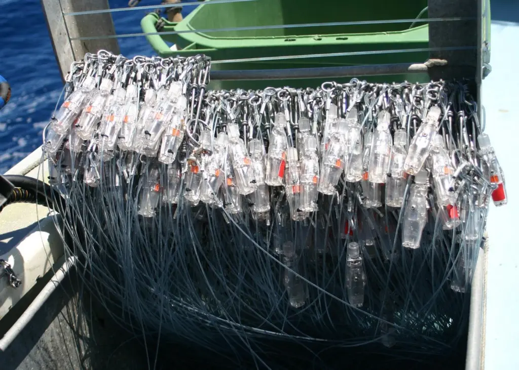 Hookpods in racks on board a longlining vessel. Credit: Hookpod Ltd