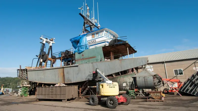 FV Seeker with the starboard sponson in place and the bulbous bow being installed. Credit: Haig-Brown photo