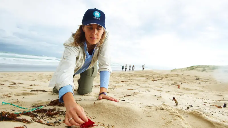 CSIRO researcher Denise Hardesty inspects debris on North Stradbroke Island