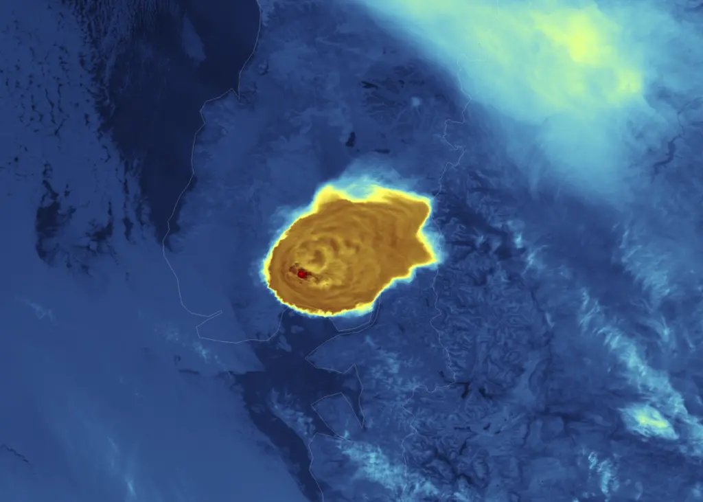 Calbuco Volcano in southern Chile has erupted for the first time since 1972. This image was taken by the Suomi NPP satellite's VIIRS instrument in a high resolution infrared channel around 0515Z on 23 April 2015. Credit: NOAA/NASA