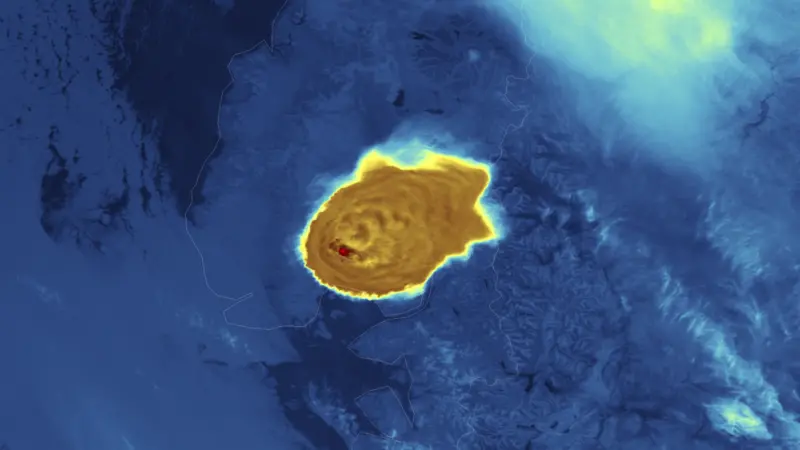 Calbuco Volcano in southern Chile has erupted for the first time since 1972. This image was taken by the Suomi NPP satellite's VIIRS instrument in a high resolution infrared channel around 0515Z on 23 April 2015. Credit: NOAA/NASA