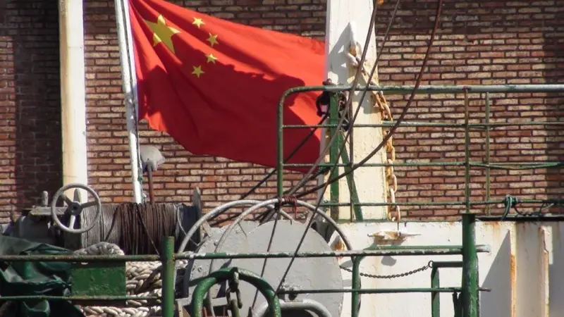 A Chinese krill trawler stern section anchored in Montevideo port, Uruguay, in early 2014. Montevideo port is a hub for several krill operations which include Norwegian and Korean trawlers.
