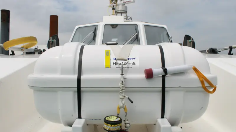 An Ocean Safety hire liferaft onboard a customer vessel