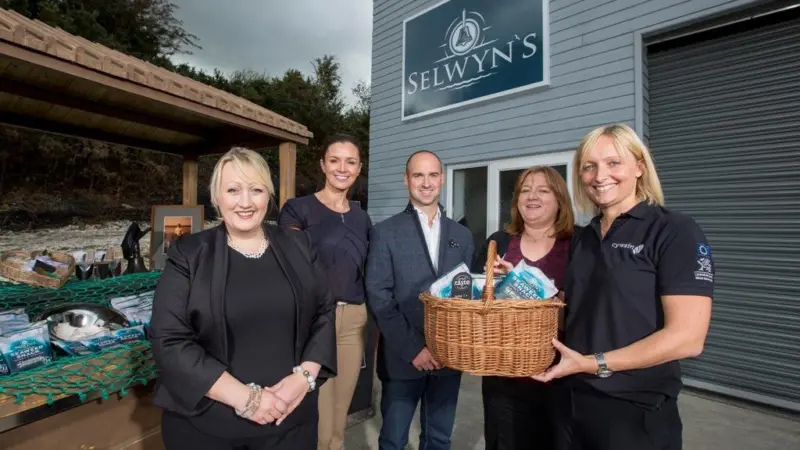 L-R: Rebecca Evans AM, Deputy Minister for Farming and Food; Kate Jones, Selwyn’s Seafood; Ashley Jones, Selwyn’s Seafood; Bethan Jones, Welsh Government; Lowri Edwards, Cywain