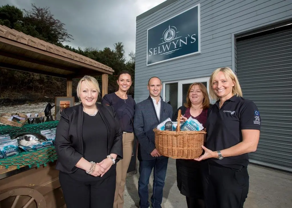 L-R: Rebecca Evans AM, Deputy Minister for Farming and Food; Kate Jones, Selwyn’s Seafood; Ashley Jones, Selwyn’s Seafood; Bethan Jones, Welsh Government; Lowri Edwards, Cywain