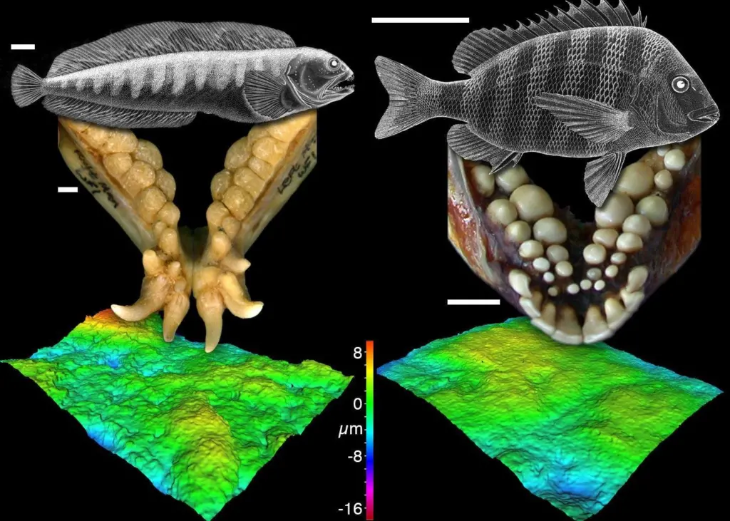 Image shows the Sheepshead Seabream and Atlantic Wolffish together with images of their teeth and digital 3D model of their worn tooth surfaces. It is analysis of these 3D surfaces that reveals evidence of what the fishes ate. © University of Leicester