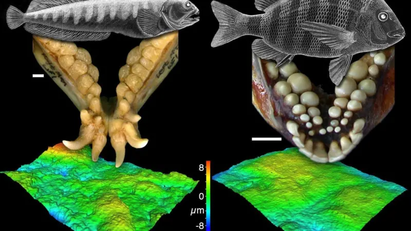 Image shows the Sheepshead Seabream and Atlantic Wolffish together with images of their teeth and digital 3D model of their worn tooth surfaces. It is analysis of these 3D surfaces that reveals evidence of what the fishes ate. © University of Leicester