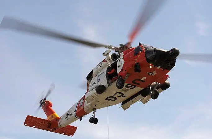 A Coast Guard MH-60 Jayhawk rescue helicopter safely hoisted both men from the life raft
