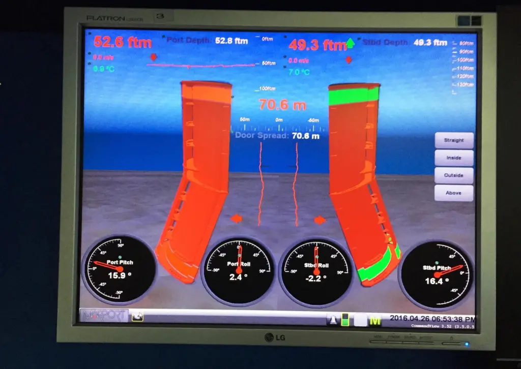 A screenshot from Vestmannaey’s wheelhouse showing the Poseidon trawl doors responding to the skipper’s alterations