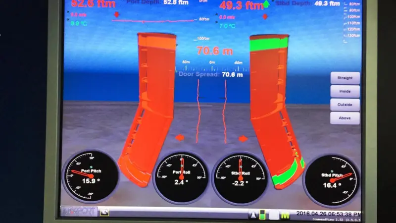 A screenshot from Vestmannaey’s wheelhouse showing the Poseidon trawl doors responding to the skipper’s alterations
