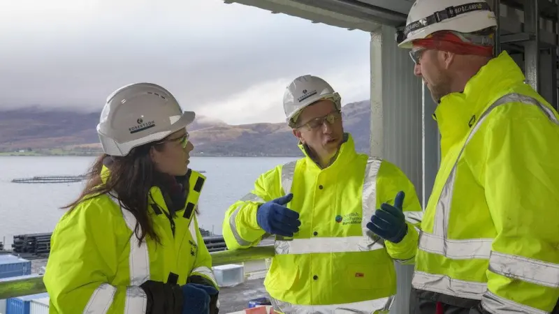 (l-r) Kate Forbes MSP, Scottish Sea Farms' managing director, Jim Gallagher and Greg Riddle of Northern Light Consultancy