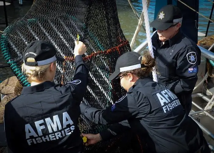 Fisheries officers inspect a turtle excluder device Photo: AFMA